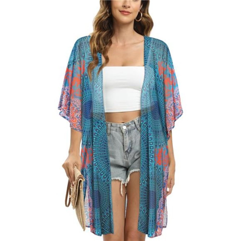 Boho Psychedelic Medallion Printed Cardigan Kimono Duster Bikini Swim Coverup‎